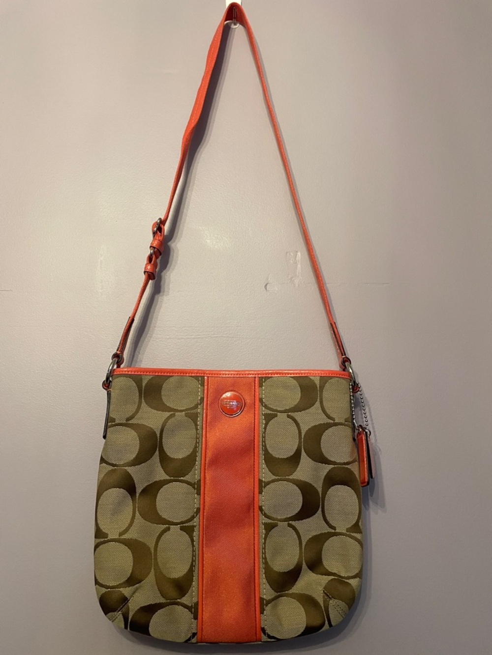 Coach Signature Crossbody in Olive Canvas with Orange Trim